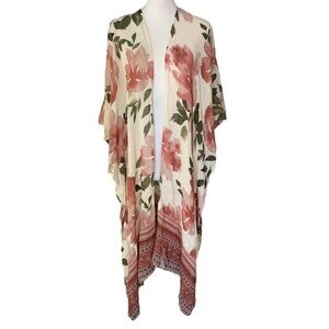 Nalini Anthropology Floral Kimono Cottagecore Boho Linen Rayon Pink Green OS